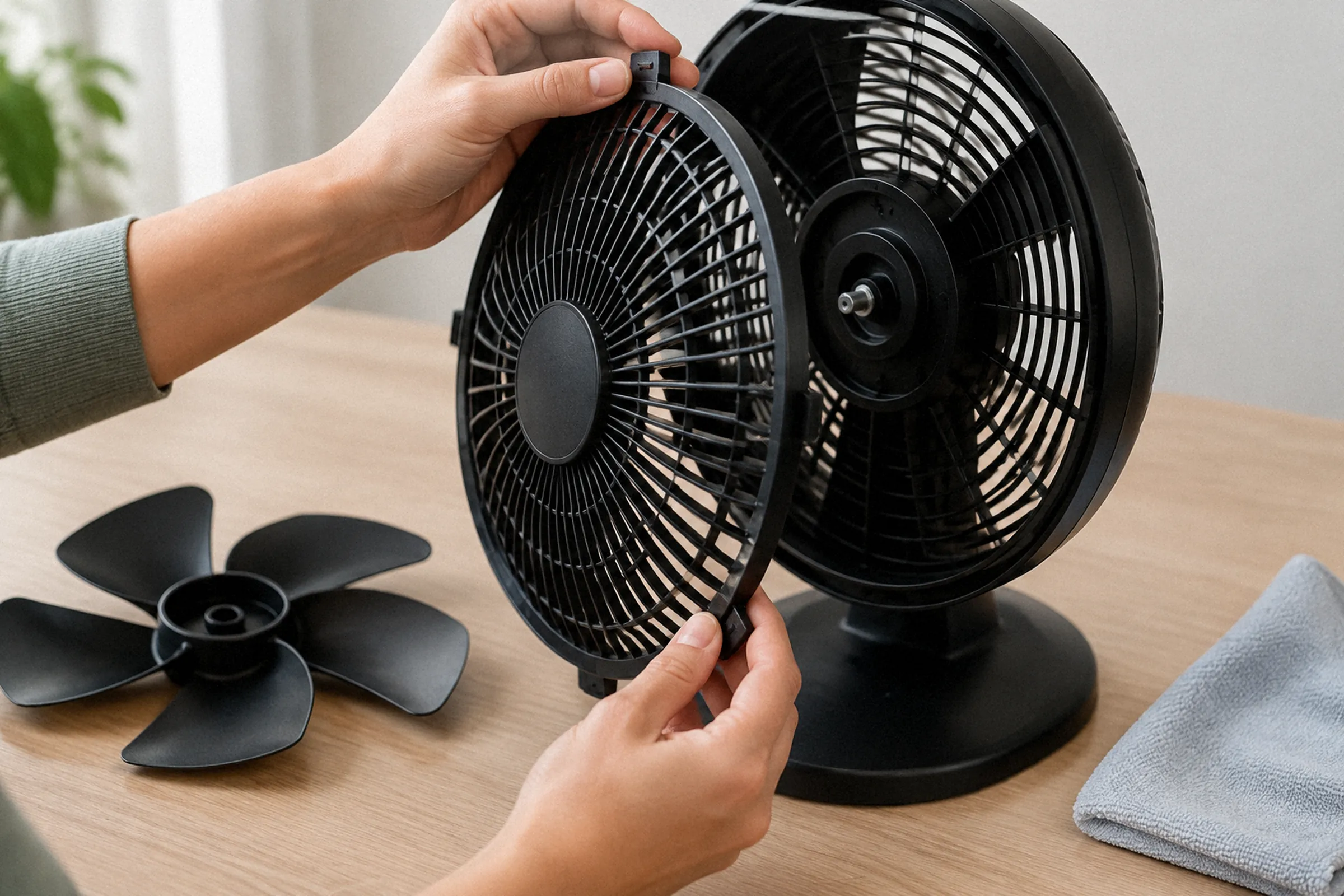 Em close, duas mãos destravam a grade frontal do ventilador sobre uma bancada, com a hélice removível e um pano ao lado.