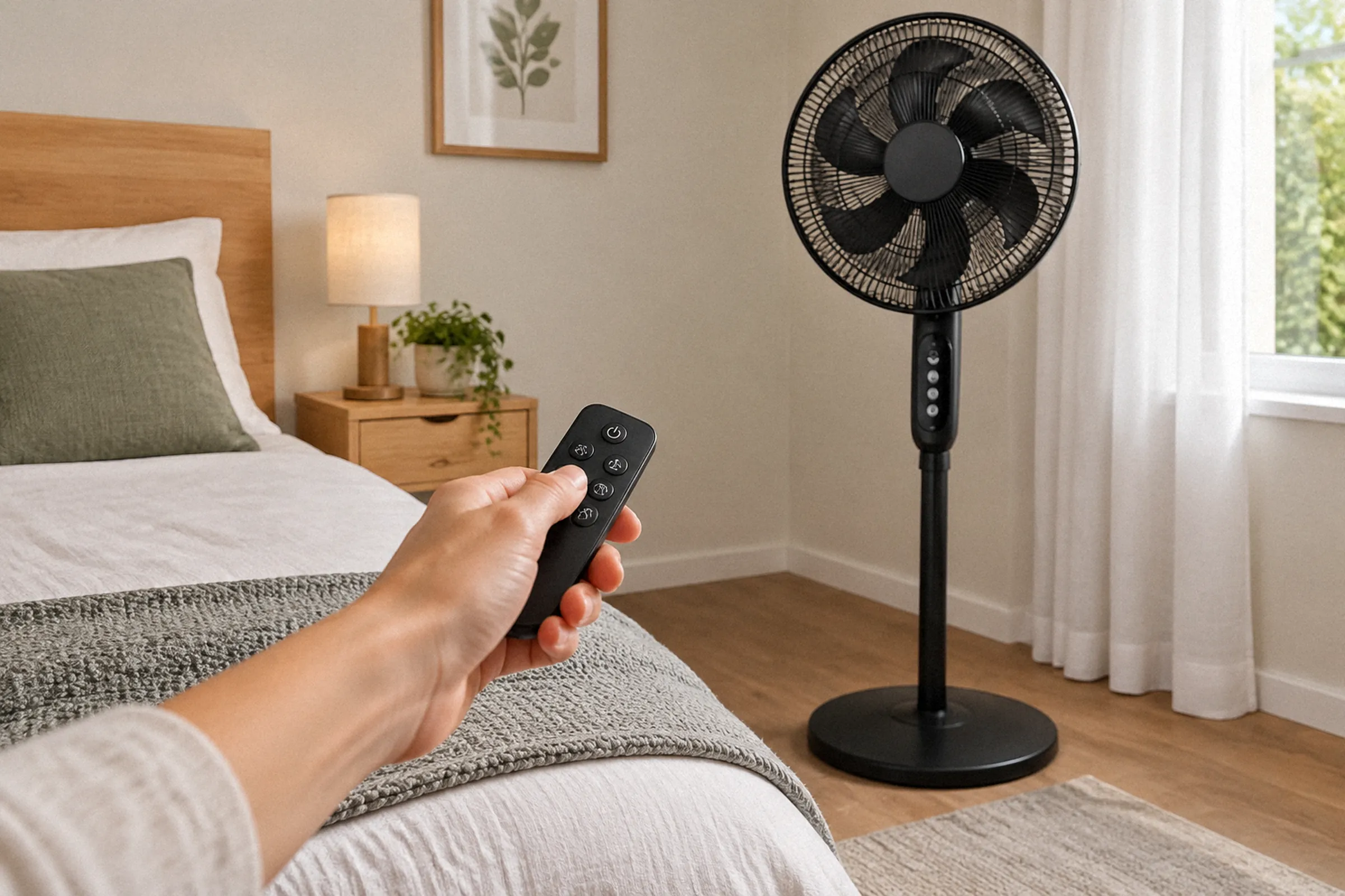 Ao lado da cama, uma pessoa aponta o controle remoto para o ventilador de coluna, com os comandos do aparelho enquadrados ao fundo.