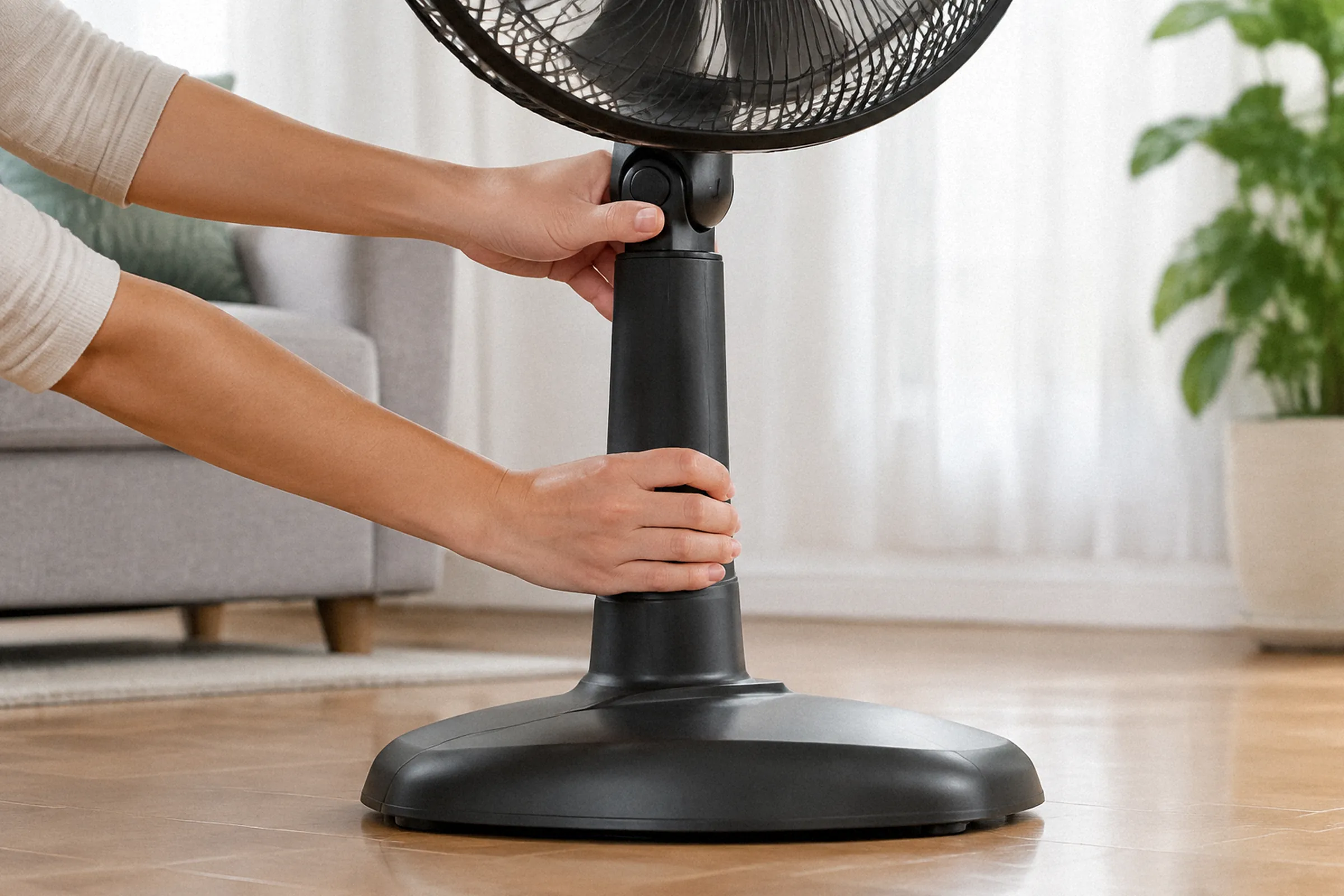 Em enquadramento baixo, uma mão ajusta a articulação do ventilador enquanto a outra firma a coluna, com a base inteira apoiada no piso.