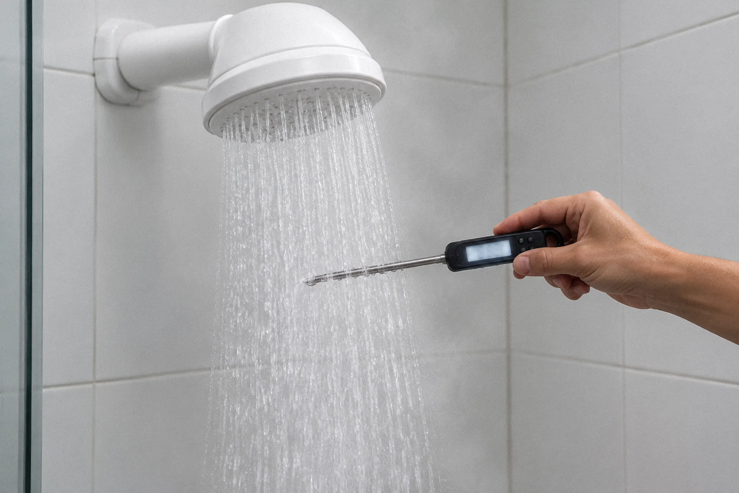 Medição da temperatura da água logo abaixo do espalhador do chuveiro